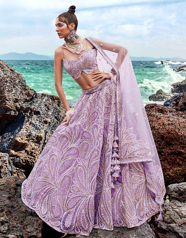 Designer Wedding Party Wear Heavy Lehenga Choli Collection Lavender Net Lehenga Choli Front View